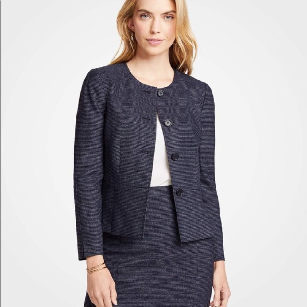 Ann Taylor Mini Check Pleated Peplum Navy Suit Blazer Jacket